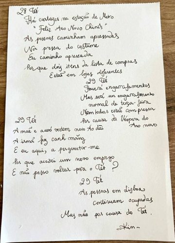 Unable to go home for Tết this year, Kim wrote her first poem in Portuguese