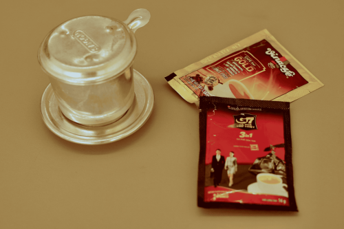 Coffee phin (coffee filter) and Vietnamese instant coffee that Kim loves 